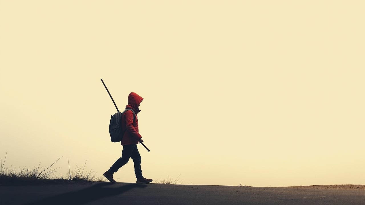 In this image, we see a stick man walking along a path. The figure is dressed in a red jacket and carries a backpack. They hold a walking stick, enhancing the adventurous feel of the scene. The background is a pale beige, providing a stark contrast to the silhouette. This minimalist composition evokes a sense of journey and exploration.