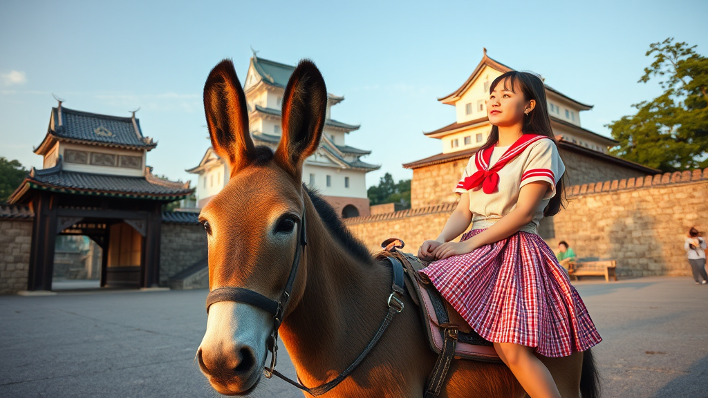 A person in a school uniform riding a donkey in front of a traditional Japanese castle.