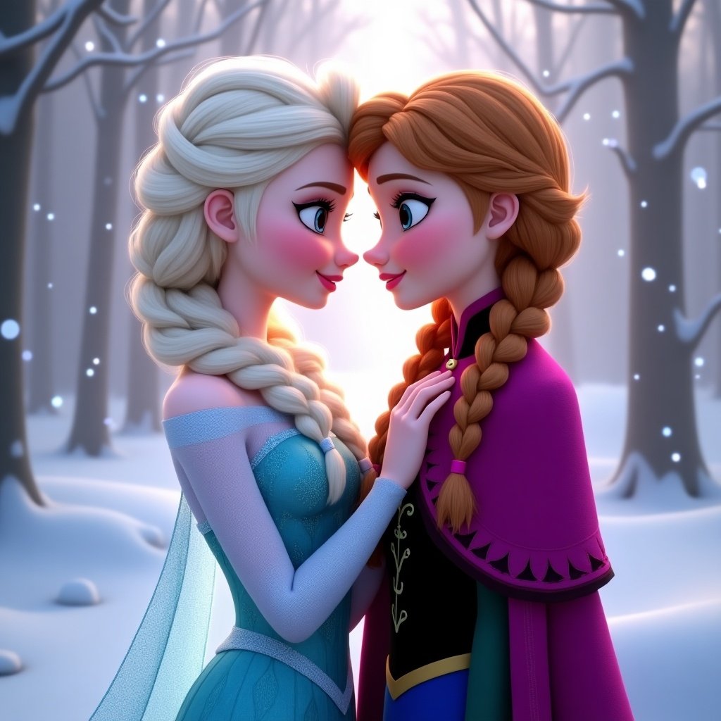 Create an image showcasing Elsa and Anna from Disney's Frozen. They should be standing next to each other, displaying expressions of love and connection. The background should be subtle and magical, with a wintery feel featuring soft snowfall and a misty forest setting. Their outfits should be vibrant and colorful, emphasizing their characteristics. The lighting should create a warm glow around them, enhancing the magical atmosphere. This image should evoke feelings of warmth and sisterly bonds, appealing to fans of the franchise. Anna should be holding the name 'Olivia' in the air.