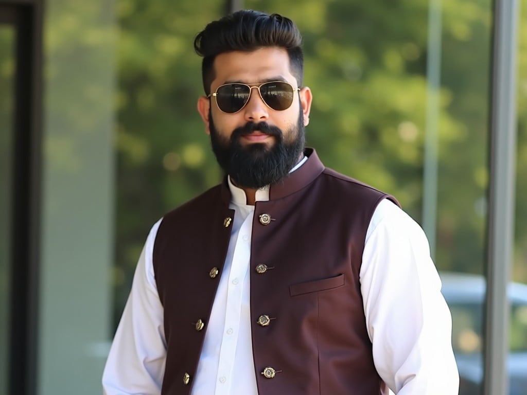 A man is standing outside, wearing a traditional outfit. He's dressed in a white shalwar kameez with a dark, possibly maroon or brown, buttoned waistcoat. The man has a thick beard and is wearing stylish, dark sunglasses. The background includes greenery, visible through a reflective window, adding a natural touch to the scene. The lighting suggests a sunny day, highlighting the attire and features of the man.