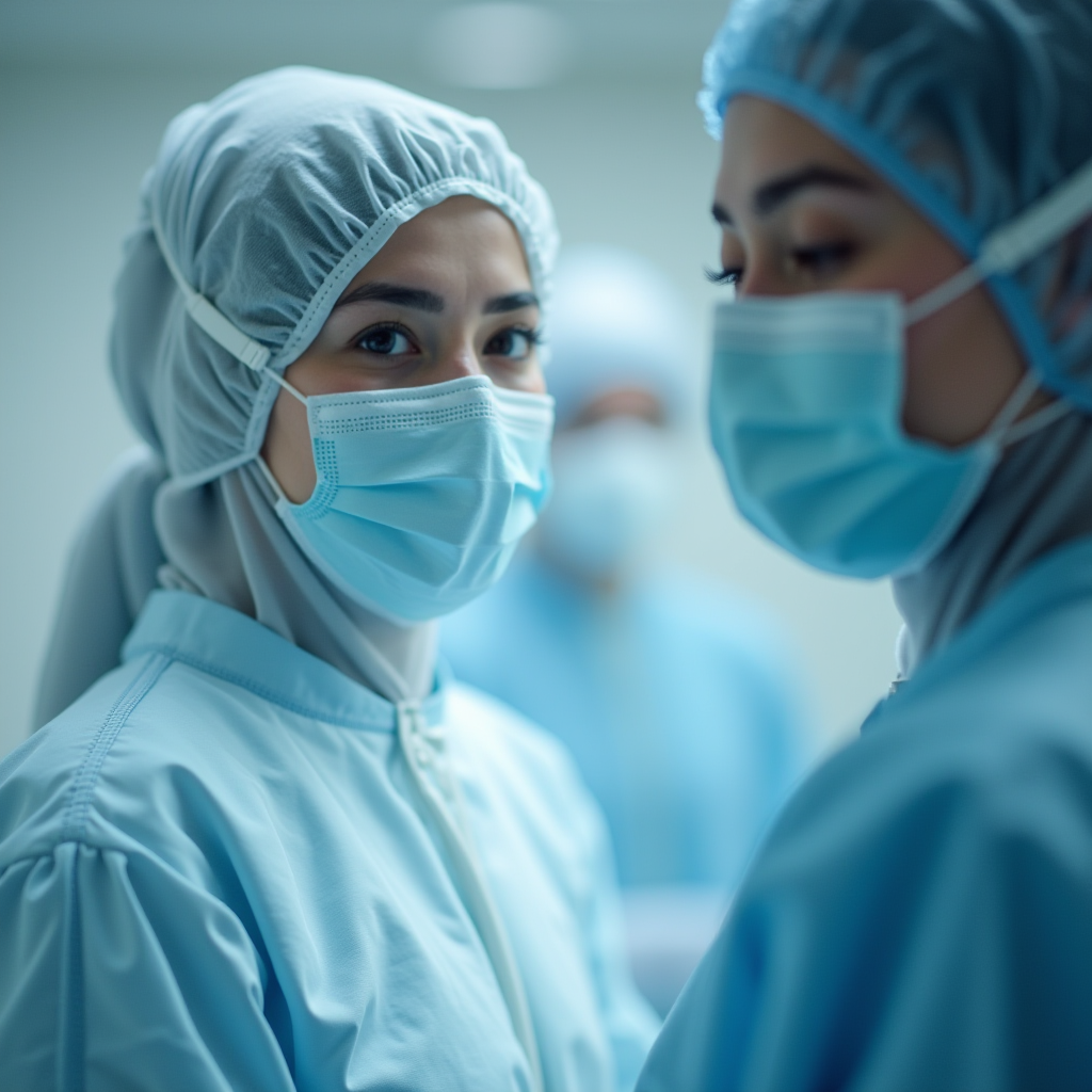 Healthcare professionals in surgical attire and masks in a hospital setting, emphasizing their readiness and focus.