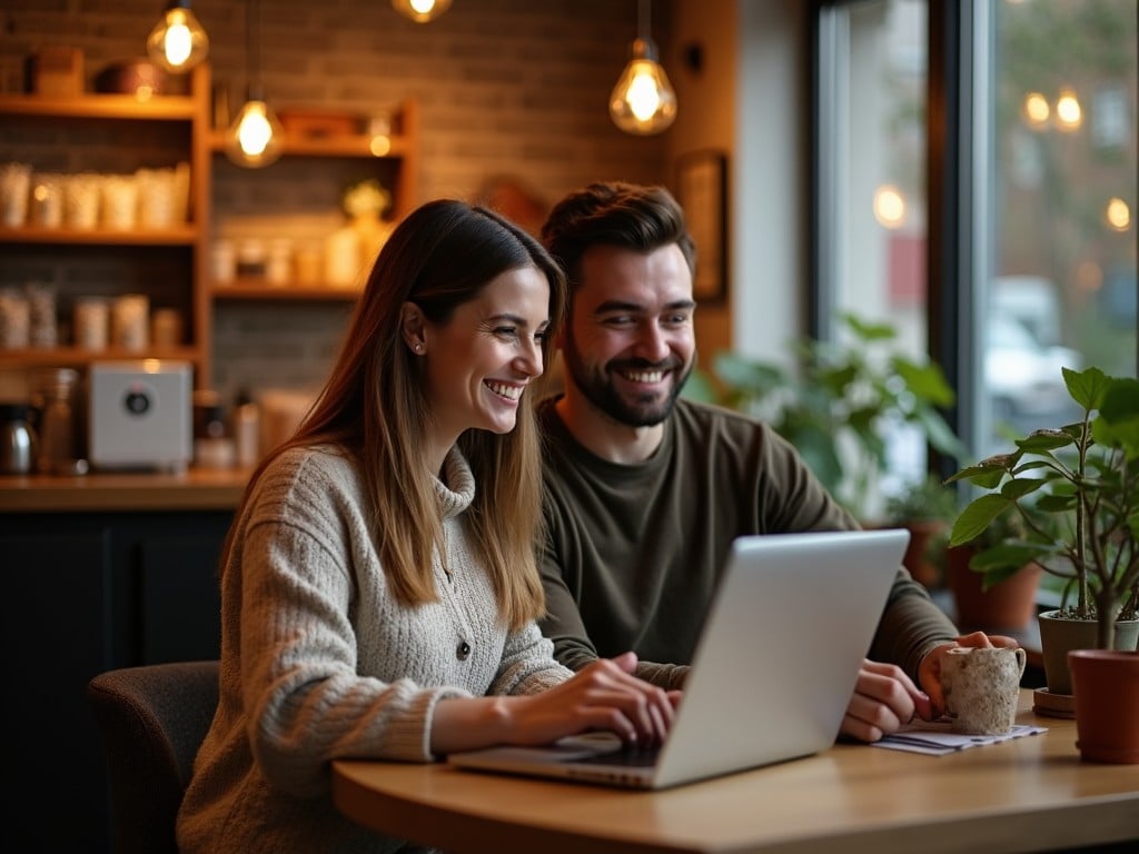 A happy couple sits together in a cozy cafe, engaged in work on a laptop. The woman is wearing a comfortable sweater and is smiling as she looks at the screen. The man beside her also smiles, creating a warm atmosphere. The cafe backdrop features warm lighting with stylish decor and greenery. Their teamwork and focus highlight a productive yet relaxed day out. The scene radiates positivity and connection.