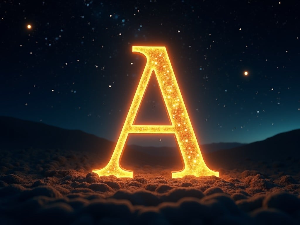 a glowing golden letter 'A' standing on a textured surface, under a starry night sky, with a mystical ambiance