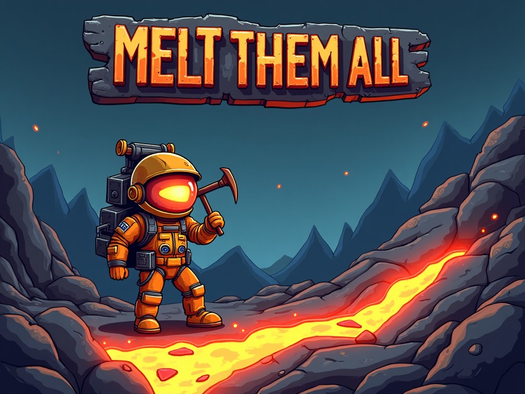 An astronaut in an orange spacesuit standing beside a flowing lava stream in a rocky alien landscape, with the text 'Melt Them All' at the top.