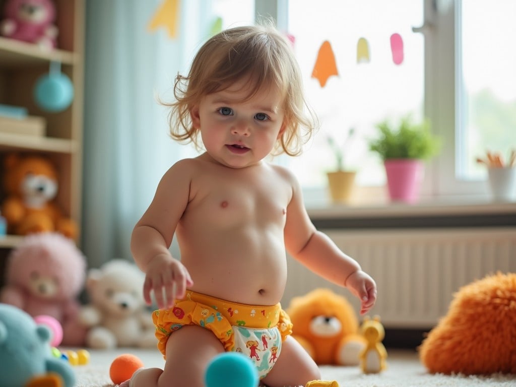 A cute toddler girl is playing on the floor in a bright room filled with colorful toys. She is wearing a diaper decorated with fun patterns and has soft, curly hair. The room has a warm, inviting atmosphere, enhanced by natural light streaming through the window. Plush toys are scattered around her, creating a playful environment. The focus is on her expression of curiosity and joy while interacting with her toys.