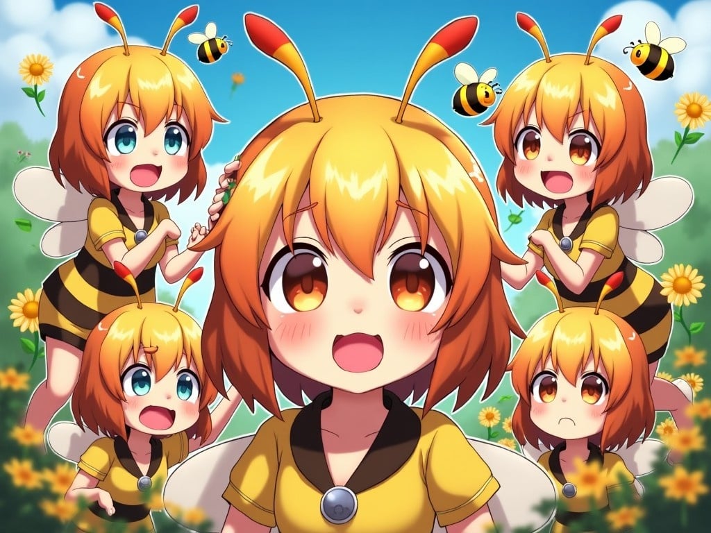 This image features an anime-style beegirl character with vibrant orange hair and bee-like attributes. She has various facial expressions, showcasing happiness, curiosity, and surprise. The background consists of a sunny sky and flowers, adding a playful tone to the scene. Surrounding the main character are smaller versions of her in different poses and with different expressions, enhancing the lively atmosphere. This composition captures the essence of cute anime characters, making it appealing to fans of the genre.