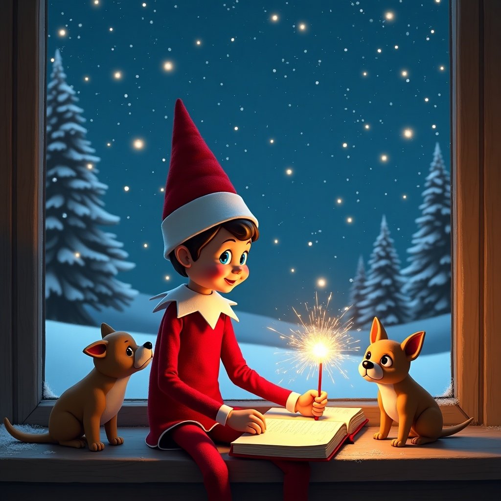 An enchanting scene featuring an elf on the shelf, dressed in red with a pointy hat, joyfully writing in a book. The elf sits at a window, surrounded by a starry night sky filled with twinkling stars. He uses a sparkler as a magic wand while a curious small dog watches the glow beside him. Outside, a beautiful snowy landscape adds to the wintery ambiance. The elf's expression reflects delight and concentration as he creates magical entries. This illustration captures the spirit of Christmas in a whimsical and joyful manner.