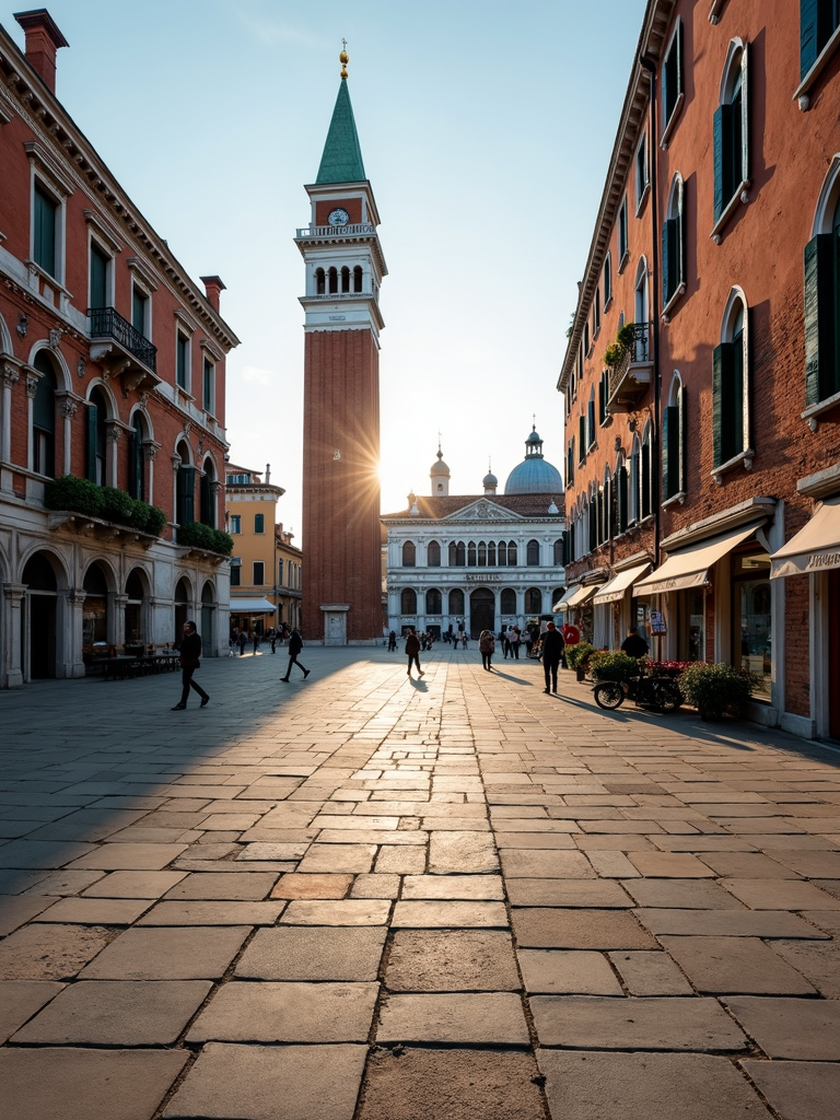 The image shows a sunlit square in Italy with a tall tower, surrounded by historic buildings.