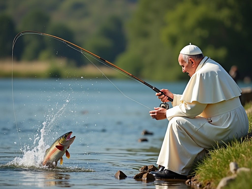 This image captures a serene moment by a river, where a person dressed in white religious attire sits on the riverbank engaged in fishing. The water splashes vibrantly as a fish leaps out near the rod, against a backdrop of lush green foliage and gentle hills. The tranquil scene is suffused with natural light, highlighting the interplay between the figure and nature.