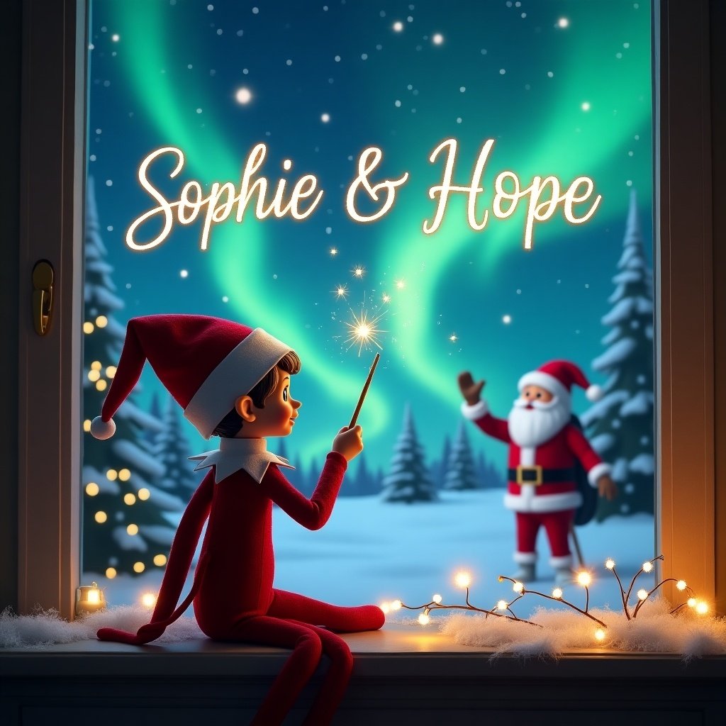 A wholesome Christmas scene featuring an elf on the shelf with his back turned, observing the sky. The elf, dressed in red and white, holds a wand and is using it to write names in the sky. The backdrop showcases magical northern lights illuminating a snowy landscape. In the distance, Santa Claus is visible, bringing a sense of wonder to the scene. The words 'Sophie & Hope' are elegantly written in the sky, reflecting the holiday spirit. The overall atmosphere is filled with joy and enchantment, perfect for the festive season.