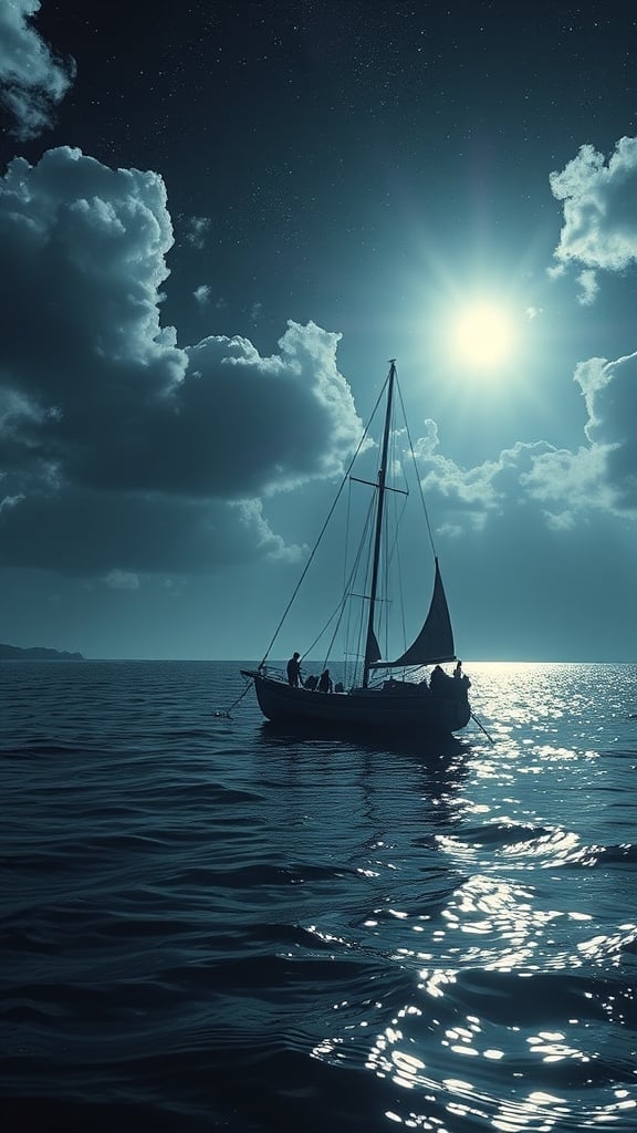 A serene scene depicting a sailboat gently gliding over calm waters under the glow of a full moon. The sky is dotted with stars peeking through scattered clouds, creating a tranquil and enchanting atmosphere. The reflection of moonlight on the water adds a mystical quality to the setting, enhancing the overall mood of peaceful solitude.