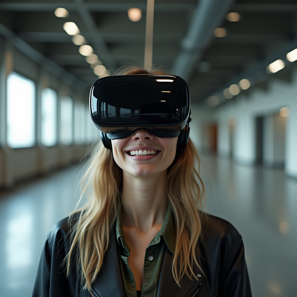 A smiling woman wearing a virtual reality headset in a modern, spacious environment.