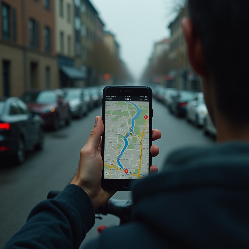 A person holds a phone displaying a map while standing on a city street with parked cars on both sides.