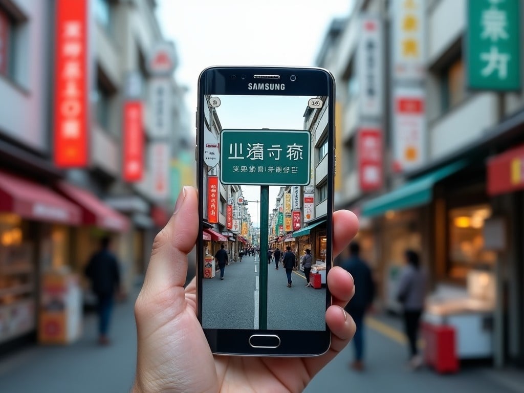 This image shows a Samsung smartphone in focus, translating a street sign. The original text is in Japanese Kanji, while the translated text appears in Chinese Simplified characters on the phone screen. The smartphone is held in a busy urban street context, showcasing colorful shops and signs in various Asian languages. This highlights the phone’s advanced live translation capabilities. The scene is set in a lively environment, conveying a modern urban lifestyle.