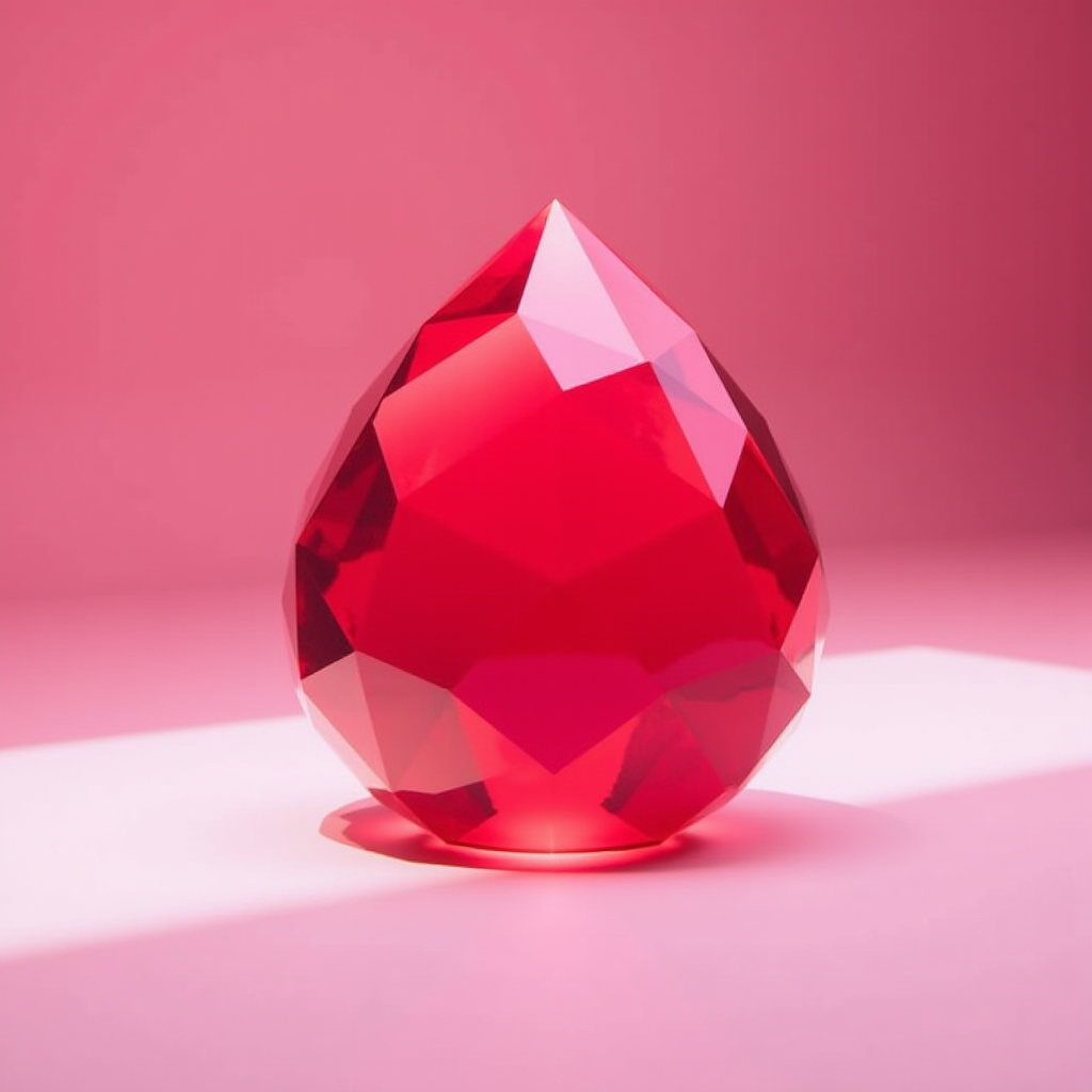 A highly polished red gem with geometric facets sits on a pink surface illuminated by soft lighting.