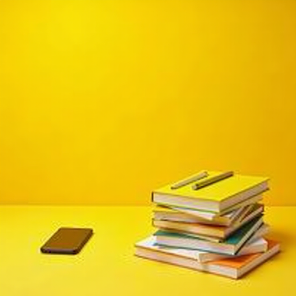 A stack of colorful books with pencils on top is placed on a vibrant yellow background beside a smartphone.