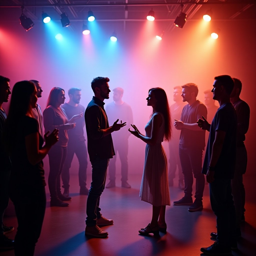 The image depicts a vibrant and energetic scene set in a creatively lit space. A director stands in the foreground, engaged in conversation with a lead actress, surrounded by a group of cast members. The atmosphere is dynamic, with colored lights casting shadows and fog giving a mysterious feel to the setting. This scene captures a moment of artistic collaboration before a performance or film shoot. It’s a blend of casual interactions and professional undertones. The audience can sense the creative energy buzzing among the individuals present.