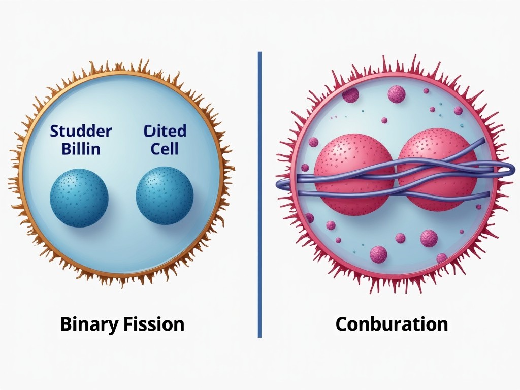 The image illustrates two methods of cell division: Binary Fission and Conburation. On the left side, there is a graphic representation of Binary Fission, showing two Studder Billin cells over a blue background. On the right side, Conburation is depicted, featuring Cited Cells connected by strands. The colors used are bright and engaging, appealing to science enthusiasts. Clear labels enhance understanding of each method. This visual emphasizes important biological processes in a simplified manner.