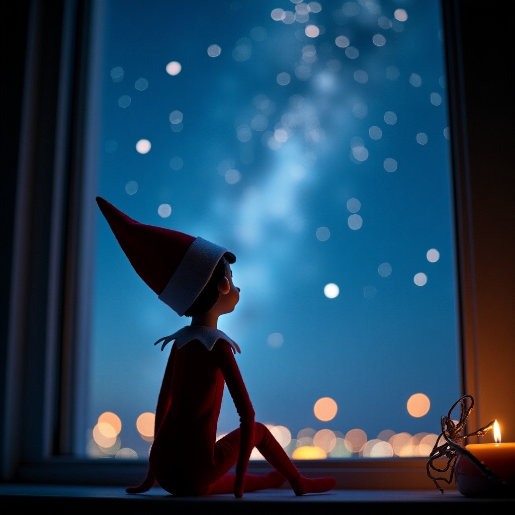 An Elf on the Shelf is depicted sitting on a windowsill, gazing at a magical night sky filled with stars. The elf, named Ava, has a pointed red hat and a cozy outfit. The scene captures a sense of wonder and holiday spirit. Soft lighting adds warmth, while the stars twinkle above. In the background, soft bokeh lights create a festive ambiance, enhancing the magic of the moment.