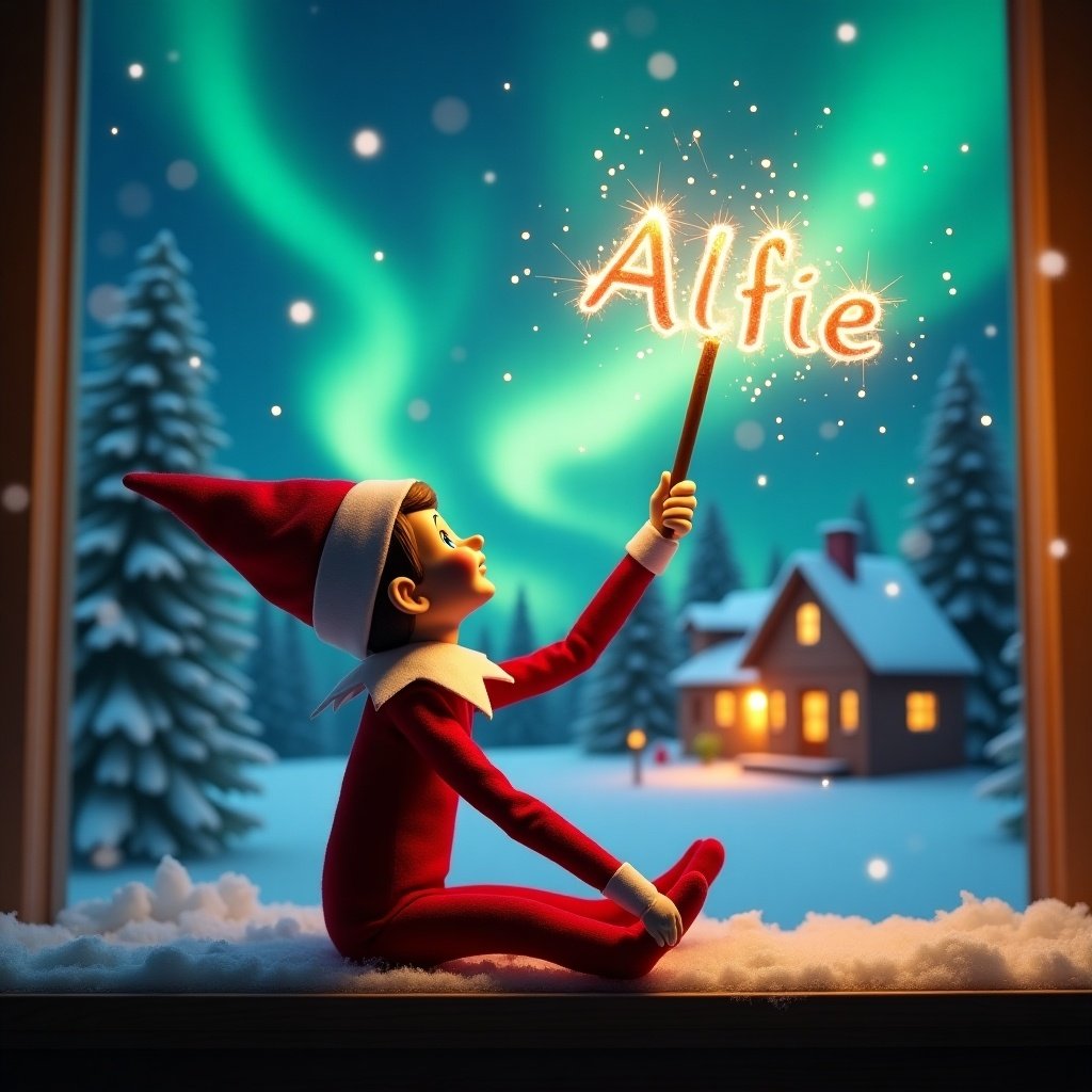 An elf on the shelf sits with its back to the viewer, gazing skyward. It holds a glowing wand that emits sparkling light. The background showcases a charming Christmas scene with colorful northern lights swirling above. In the distance, a cozy house can be seen, decorated for the holidays. Snow covers the ground, adding to the winter atmosphere. The elf is in a playful position, embodying the spirit of magic and wonder associated with Christmas. The name 'Alfie' is written in the air using the wand, creating a sense of holiday cheer.