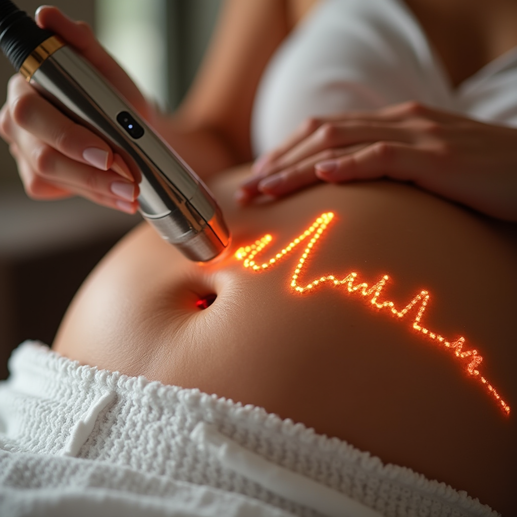 A hand holds a glowing device over a pregnant belly showing a heartbeat pattern.