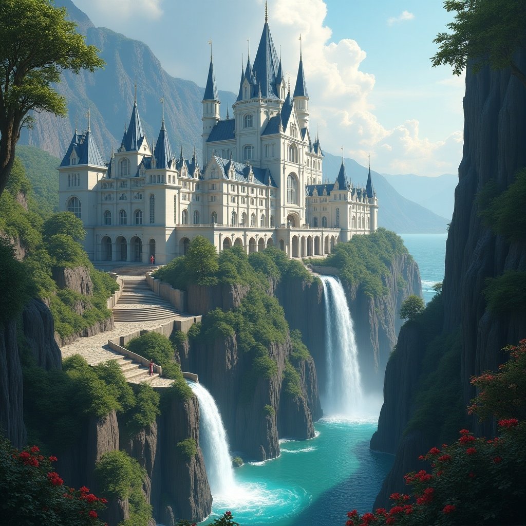 This image depicts a magnificent, otherworldly castle made of white stone, set at the bottom of a volcano. The architecture features tall spires and intricate designs, suggesting a fairytale aesthetic. It has glass roofs on many of its round rooms. The surrounding city is vibrant with libraries, art, and lush greenery. A starlight river flows through the castle and culminates in a beautiful waterfall. The scene evokes themes of grandiosity and fantasy, inviting viewers to explore its enchanting domain.