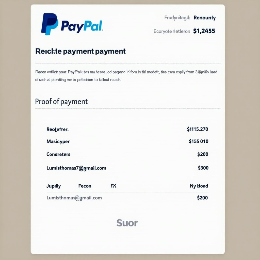 This image depicts a PayPal payment receipt showcasing a financial transaction. It features proof of payment amounting to $1,245. The receipt includes several items with their respective amounts, highlighting various services. The PayPal logo is prominent at the top, representing the transaction's legitimacy. Contact information is also visible, providing transparency for both parties involved. The overall design is clean and professional, typical of digital receipts.