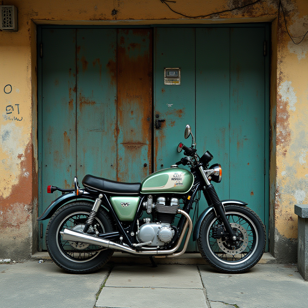 A vintage motorcycle is parked in front of teal double doors on an aged building.