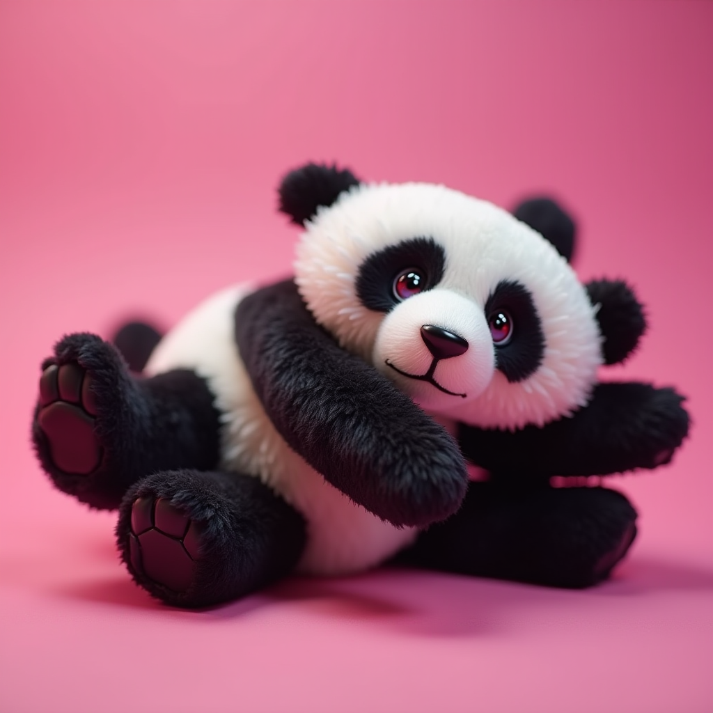 A cute and fluffy panda plush toy against a pink background.