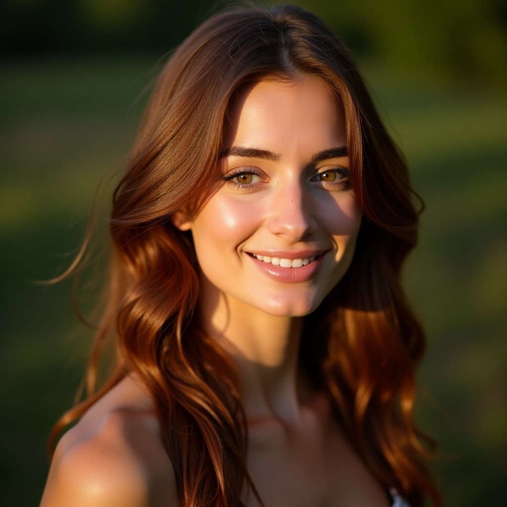 This image features a portrait of a fair-skinned woman, approximately 30 years old, smiling gently. Her long, straight dark auburn hair with gold highlights is parted in the middle, framing her face beautifully. She has deep-set, striking dark green eyes, high cheekbones, and a strong jawline. The lighting is natural, from the golden hour, highlighting her features. The expression on her face is wistful yet inviting, creating a warm atmosphere.