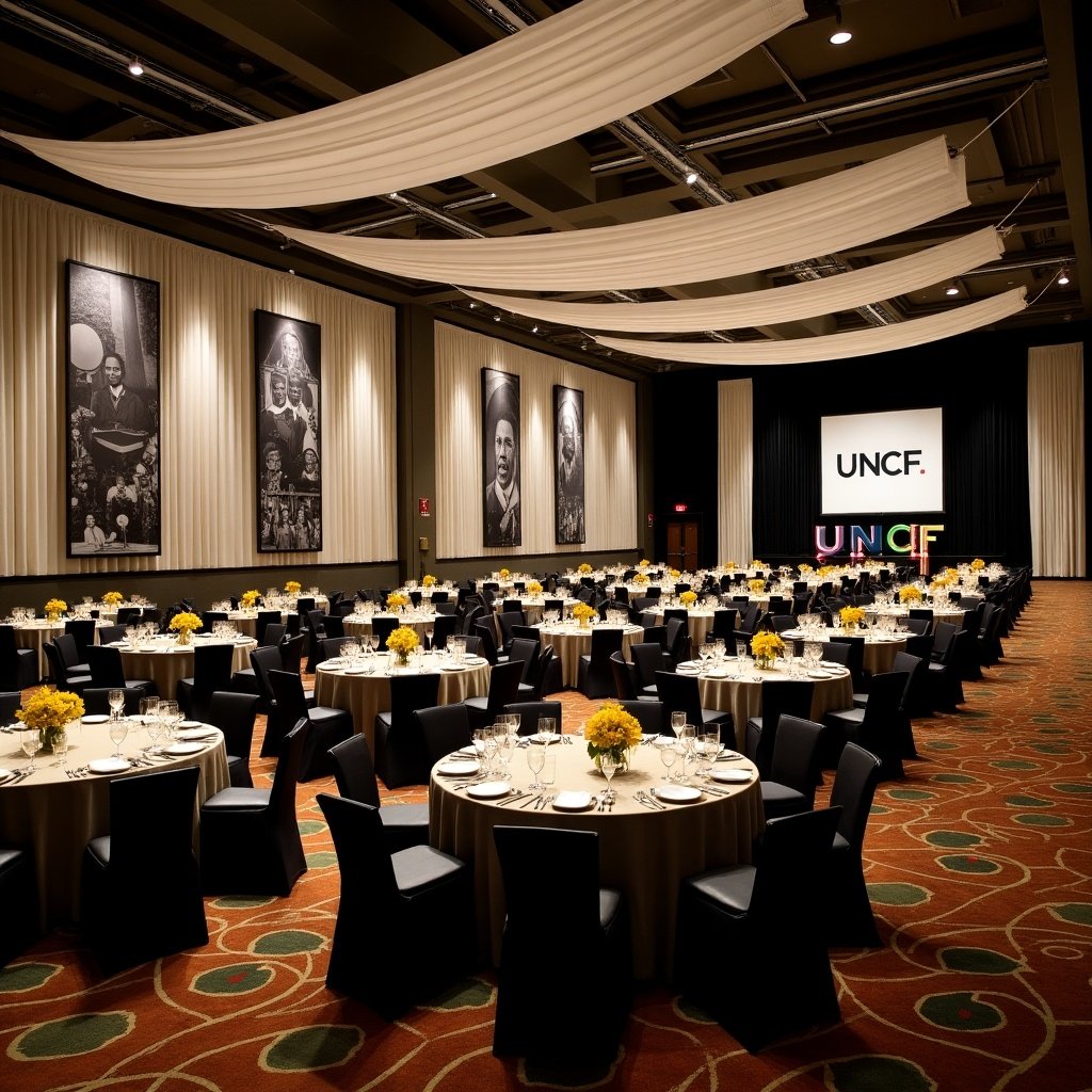 This image showcases a spacious banquet room designed for an elegant event. Round tables are meticulously arranged, each adorned with yellow centerpieces that bring vibrancy to the setting. The walls feature black and white portraits of distinguished African American graduates, emphasizing their achievements. Above, soft black and white drapes create a sophisticated ambiance throughout the room. An eye-catching display of multicolored letters spelling out 'UNCF' adds a focal point to the stage area, blending well with the overall decor.