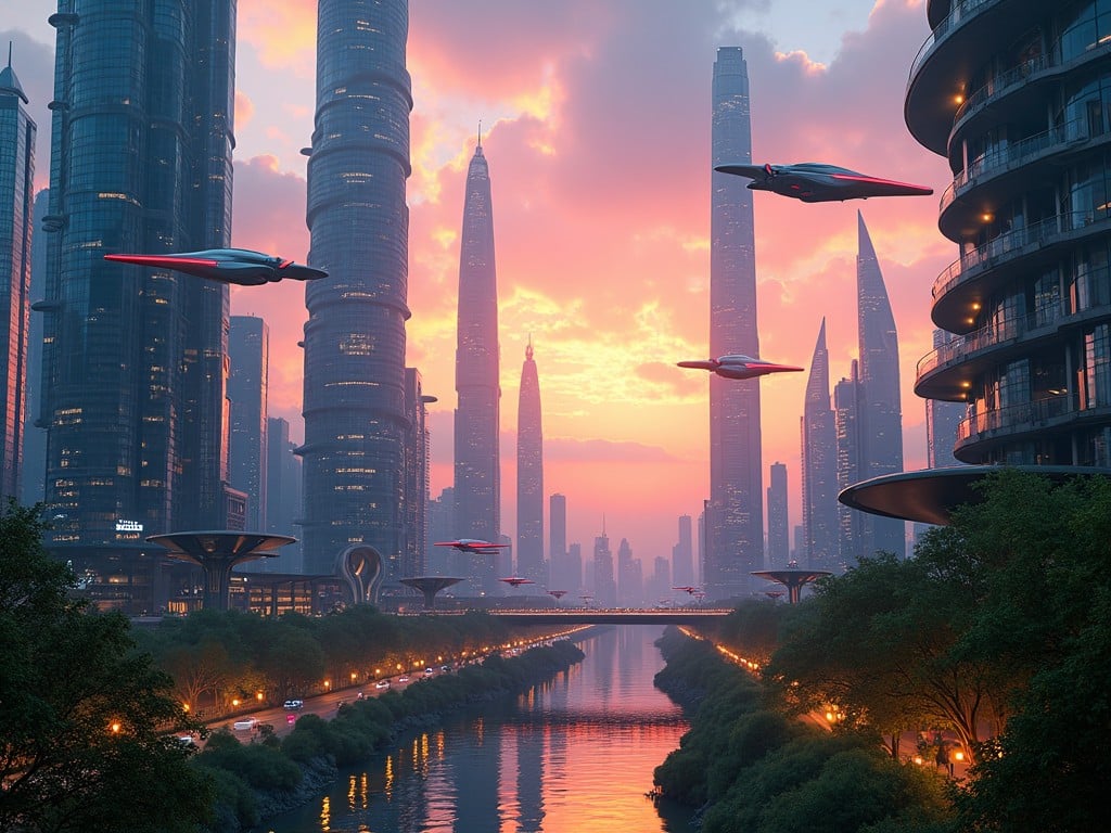 This image depicts a vibrant, futuristic cityscape during sunset. Skyscrapers with intricate designs reach toward the sky, reflecting a mix of blue and orange hues. Flying vehicles zip through the air, adding a dynamic feel. A river runs through the city, lined with trees and glowing lights. The overall atmosphere evokes a sense of wonder and possibility.