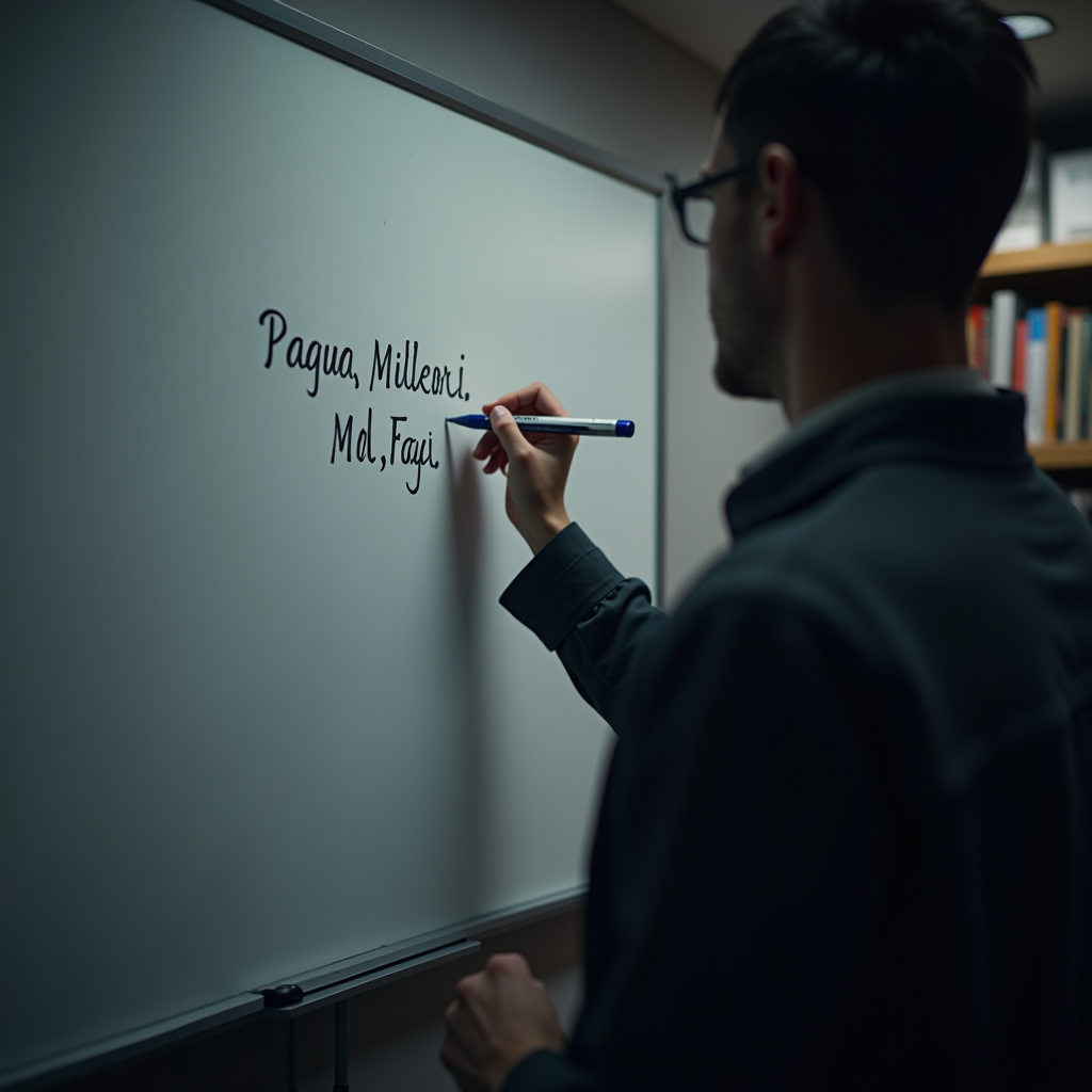 A person writes with a blue marker on a whiteboard with bookshelves in the background.