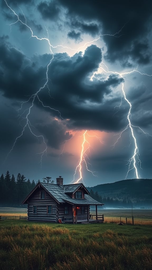 A small cabin stands amidst a dramatic storm with lightning bolts illuminating the sky.