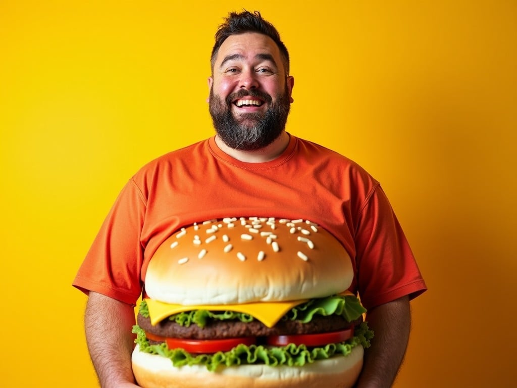 The image features a cheerful man against a bright yellow background, wearing an oversized hamburger costume. He has a big smile and a beard, showcasing a fun and humorous take on food. The hamburger costume includes layers like lettuce, cheese, and tomato, making it vibrant and visually appealing. This playful imagery could easily represent the fun side of food culture. It invites viewers to engage with the idea of enjoying food in a lighthearted way. The bright colors and the man’s expression create an inviting atmosphere.