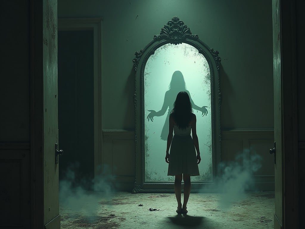 The image depicts a haunting scene within an ancient, dusty room of an abandoned mansion. At the center stands a large, ornate mirror, slightly cracked and glowing eerily. Reflected within it is a shadowy figure that reaches out as if to grasp the viewer. In front of the mirror, a young woman stands still, a mix of fear and determination on her face. The atmosphere is thick with tension, accentuated by the cracked walls and cobwebs around her, as faint whispers fill the air, suggesting an unsettling mystery tied to the mirror and its shadowy reflection.