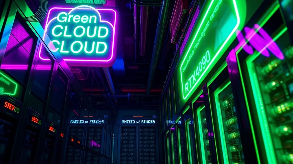 This image captures a vibrant, futuristic data center illuminated with neon lights. The signs 'Green CLOUD CLOUD' and 'RTX 4090' are prominently displayed in electric greens and purples, giving it a cyberpunk aesthetic. The room is lined with sleek, modern server racks, adding to the high-tech and energetic atmosphere.