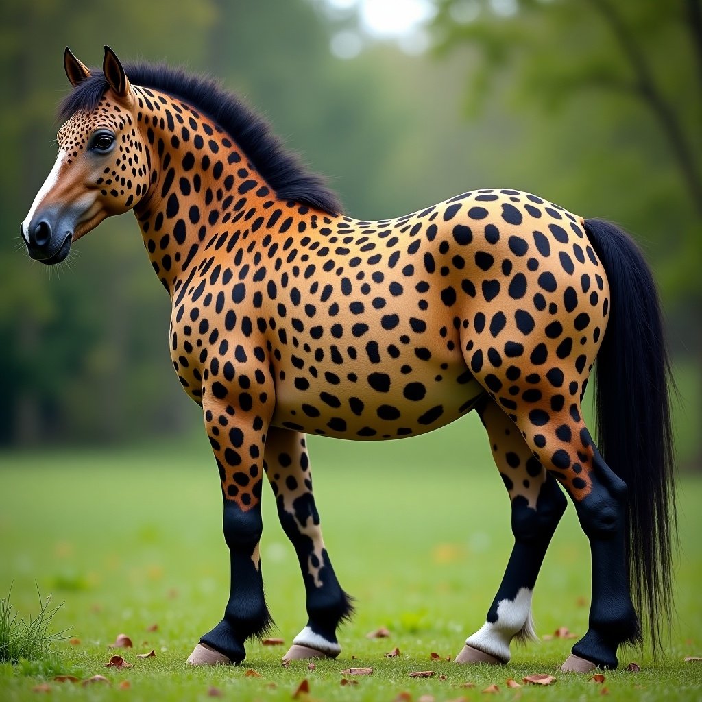 Imagine a fantastical creature that combines the elegance of a horse with the wild beauty of a leopard. This hybrid animal features the sturdy body of a horse adorned with the distinctive spotted coat of a leopard, in vibrant yellow and black. Its mane is luscious and flowing, contrasting with its unique body. Set against a blurred, green background, this creature stands proudly, showcasing a blend of grace and fierceness. The scene captures the imagination, making it perfect for stories about mythical beasts or adventurous tales.