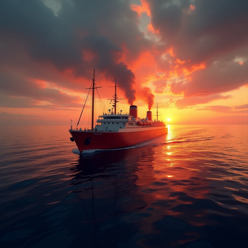 The image depicts a ship against a vibrant sunset. The sky is filled with shades of orange, red, and purple. The ship is emitting smoke from its exhaust, creating a dramatic effect. Calm waters reflect the beautiful colors of the sunset. This scene evokes a sense of adventure and serenity.