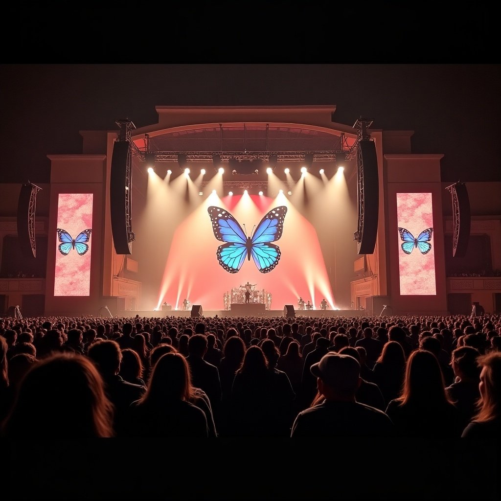 This image captures a vibrant concert setting characterized by a butterfly theme. The stage features an elaborate butterfly graphic that dominates the backdrop, illuminated by bright spotlights. There are a large number of fans gathered around the stage, creating an energetic atmosphere. The lighting is dynamic, showcasing the performers and creating an engaging view for the audience. The overall vibe is a mix of uplifting energy with a touch of country aesthetics, perfect for a live music event.