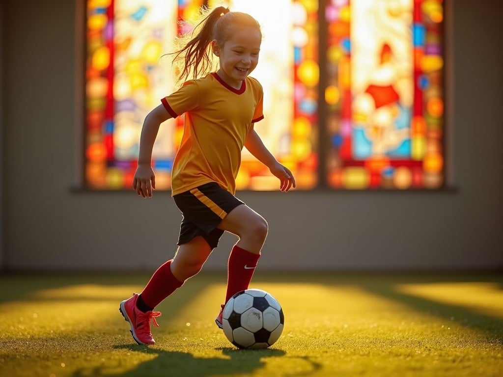 A young girl is playing soccer indoors, with a colorful stained glass window in the background. The sunlight streams through, casting vibrant colors on the floor as she dribbles the ball.