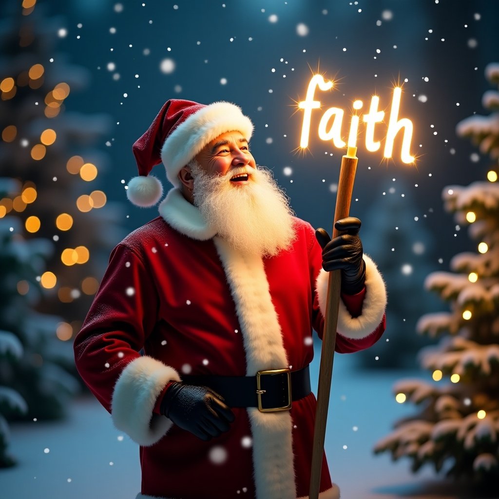 The image depicts a joyful Santa Claus celebrating the magic of Christmas night. He is dressed in a traditional red suit adorned with white fur trim. Snowflakes gently fall around him, enhancing the festive atmosphere. Santa holds a glowing stick that shines the word 'Faith', symbolizing hope and joy during the holiday season. The background is filled with twinkling fairy lights and softly illuminated Christmas trees, which creates a serene and magical setting. This imagery captures the essence of family gatherings and the warmth associated with Christmas celebrations.