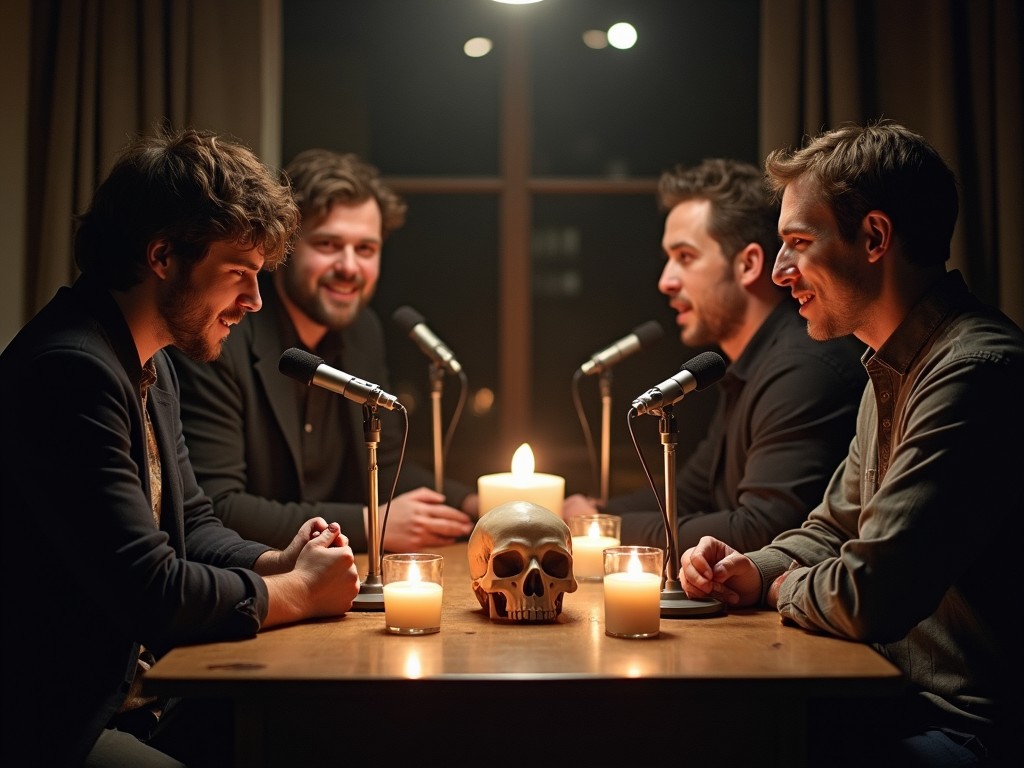 The image features four men engaged in a candlelit discussion around a table. They are positioned closely, suggesting an intimate atmosphere. A skull is placed centrally, hinting at themes of mystery or death. Each person has a microphone, indicating a podcast setup. The warm lighting enhances the tension and focus on their conversation.