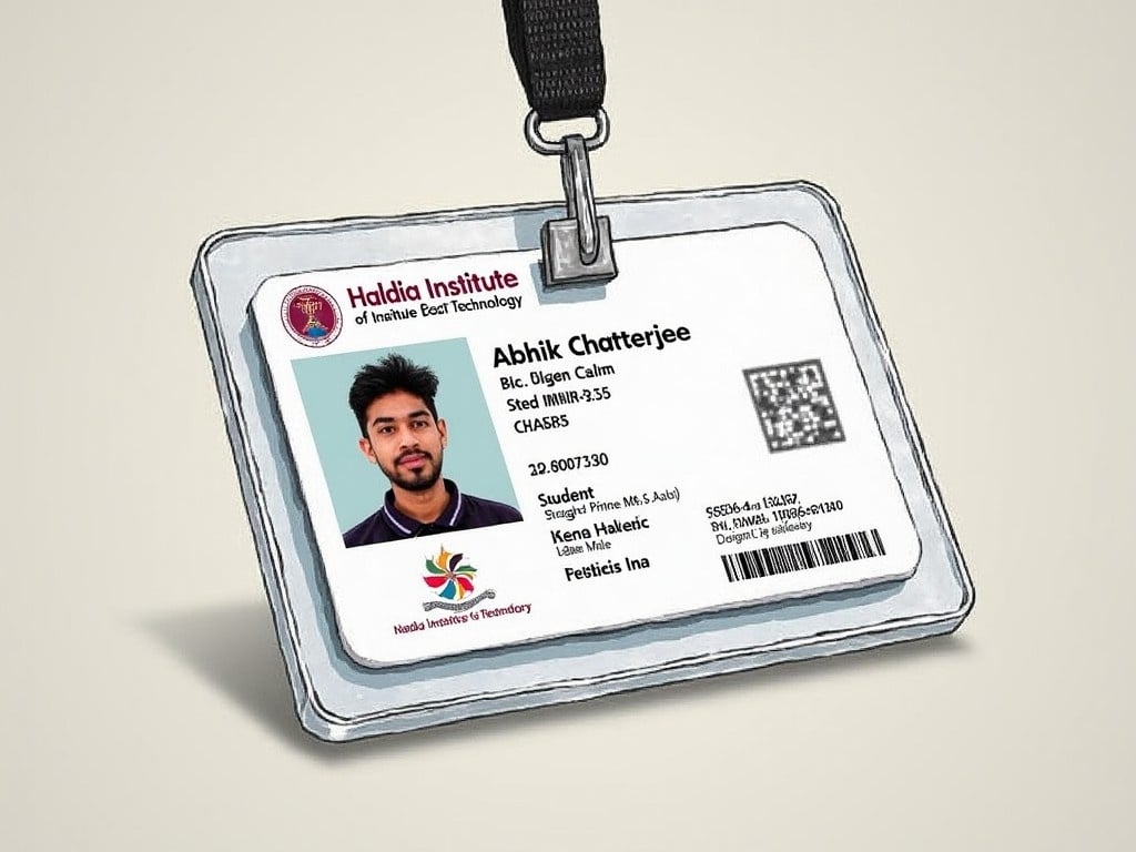 This image depicts a student ID card from the Haldia Institute of Technology. The card is clearly presented and contains essential details about the student. The student's name is Abhik Chatterjee and it includes a photo for identification. Important identifiers like the student ID number are visible. The design reflects the branding and colors of the institution, making it suitable for educational contexts.