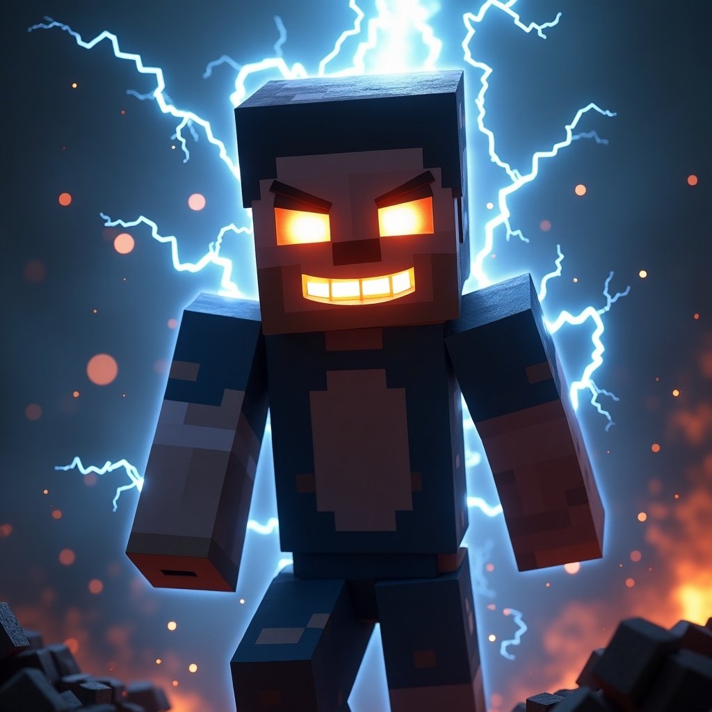 Create an image of a Minecraft character resembling Steve, featuring light gleaming from his eyes but without visible eyeballs. The character should have a sinister, evil smile and be surrounded by an intense storm of lightning. Lightning should be striking down around him, with bolts appearing to generate energy from his body. The background should emphasize the chaotic nature of the scene, blending dramatic lighting with dark tones for a powerful effect. The overall feel should be energetic and dynamic, showcasing the character's overwhelming power and menace.