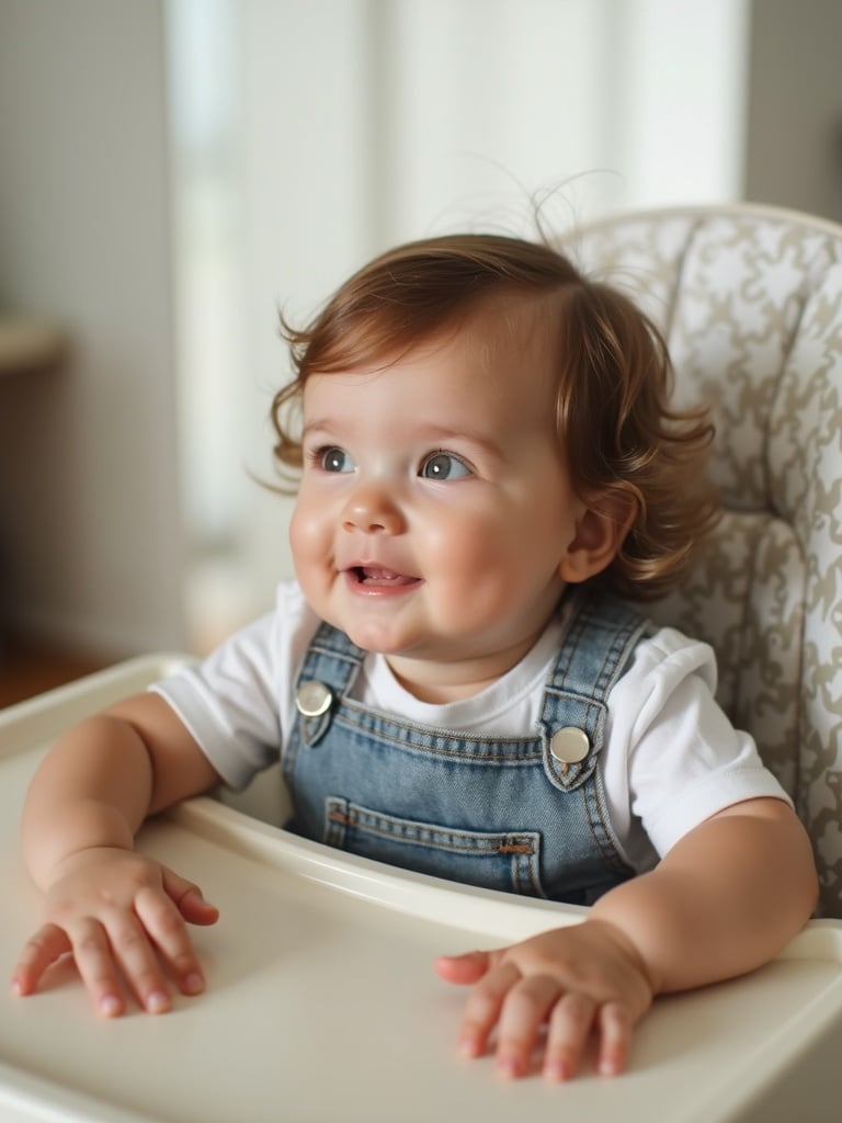 A young child sits happily in a high chair, wearing denim overalls and a white t-shirt. The child has curly hair and a joyful expression filled with wonder and curiosity. The background is softly blurred, focusing attention on the child's delightful presence.