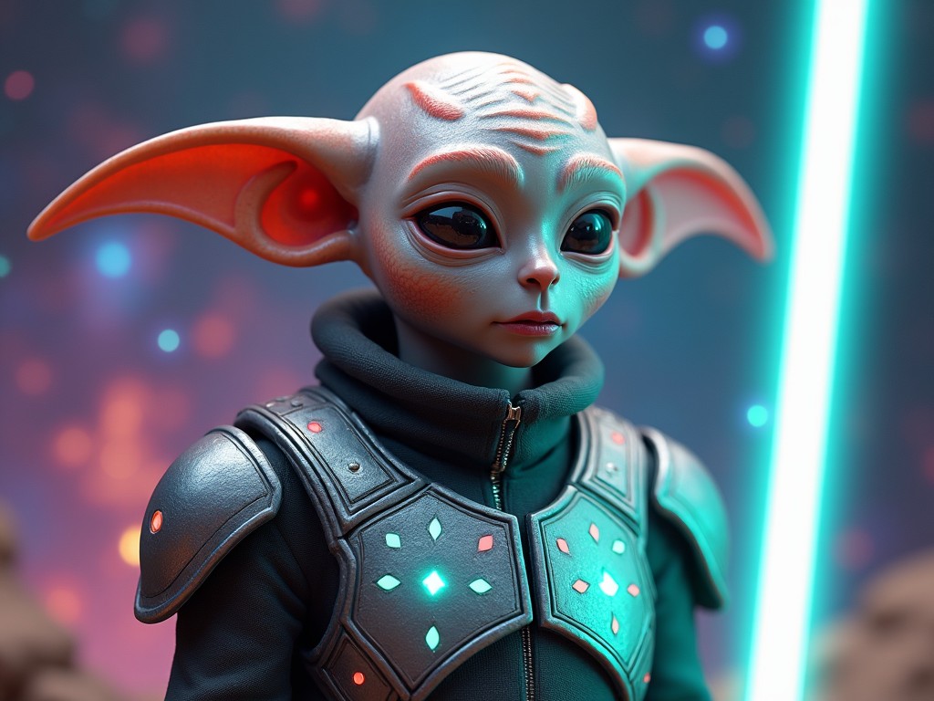 The image showcases a uniquely designed alien character with large expressive ears and striking features. The character is wearing a high-tech jacket adorned with glowing elements. The background displays a vibrant mix of colors, enhancing the sci-fi atmosphere. Soft lighting highlights the character's face, giving it a lifelike appearance. This artwork combines elements of digital art with a futuristic theme, making it suitable for various fantasy and sci-fi contexts.