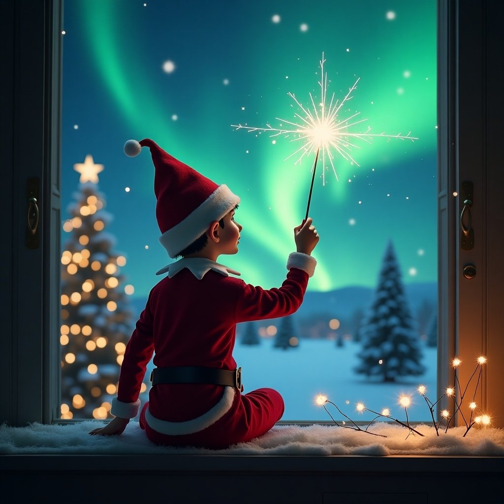 This image features an elf on the shelf with his back to the viewer, gazing up at the sky. The elf holds a wand, seemingly writing 'Alexis' in the sky. The backdrop showcases a beautiful, magical Christmas scene with vibrant Northern Lights and a decorated Christmas tree. The cozy room is adorned with twinkling lights and festive ornaments, enhancing the holiday spirit. Outside the window, snow-covered trees and a snowy landscape provide a serene winter atmosphere. This enchanting scene captures the essence of childhood magic and the joy of the holiday season.