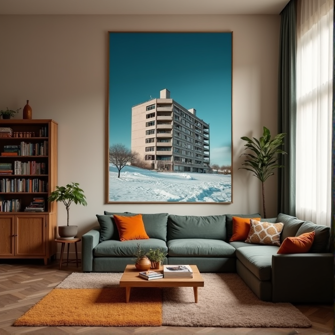 A living room with a green sofa, orange cushions, and a large wall art of a snowy building scene.