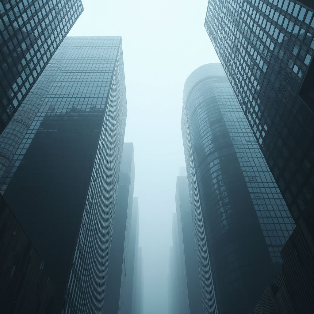 Foggy skyscrapers reaching into the sky in a cityscape.